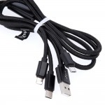 Кабел за зареждане и данни Maxlife 3in1 cable USB - Lightning + USB-C + microUSB 1,0 m 2,1A Черен с оплетка Кабел за зареждане и данни Maxlife 3in1 cable USB - Lightning + USB-C + microUSB 1,0 m 2,1A Черен с оплетка