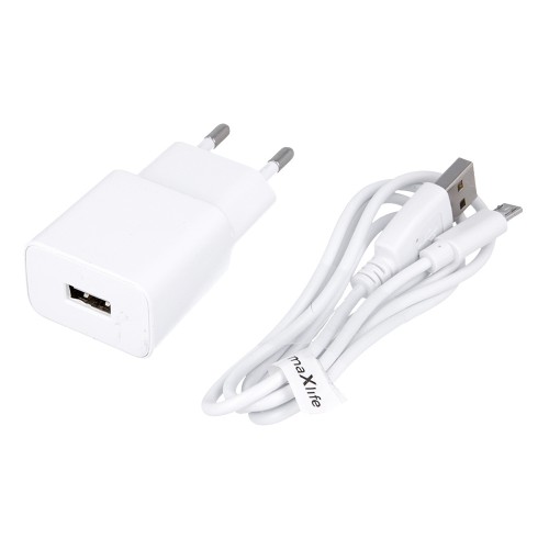 Адаптер за телефон универсален Maxlife MXTC-01 1x USB 2.1A Бял + micro USB кабел