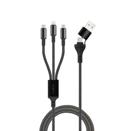 Кабел за зареждане и данни Maxlife ALLin1 cable USB + USB-C - Lightning + 2x USB-C 1,0 m 66W Черен с оплетка Кабел за зареждане и данни Maxlife ALLin1 cable USB + USB-C - Lightning + 2x USB-C 1,0 m 66W Черен с оплетка
