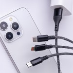 Кабел за зареждане и данни Maxlife ALLin1 cable USB + USB-C - Lightning + 2x USB-C 1,0 m 66W Черен с оплетка Кабел за зареждане и данни Maxlife ALLin1 cable USB + USB-C - Lightning + 2x USB-C 1,0 m 66W Черен с оплетка