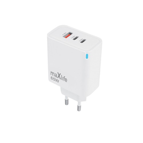 Бързо зарядно за телефон, таблет или лаптоп Maxlife MXTC-09-65ACC GaN PD QC charger 2x USB-C 1x USB 65W Бяло Бързо зарядно за телефон, таблет или лаптоп Maxlife MXTC-09-65ACC GaN PD QC charger 2x USB-C 1x USB 65W Бяло