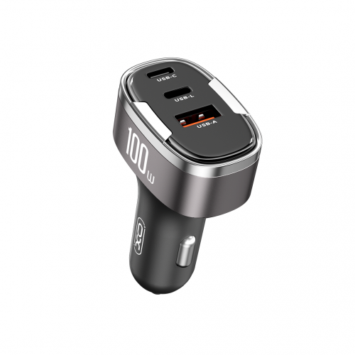 Зарядно устройство за кола XO-CC61 PD QC 3.0 100W 1x USB 1x USB-C 1x Lightning, Сиво