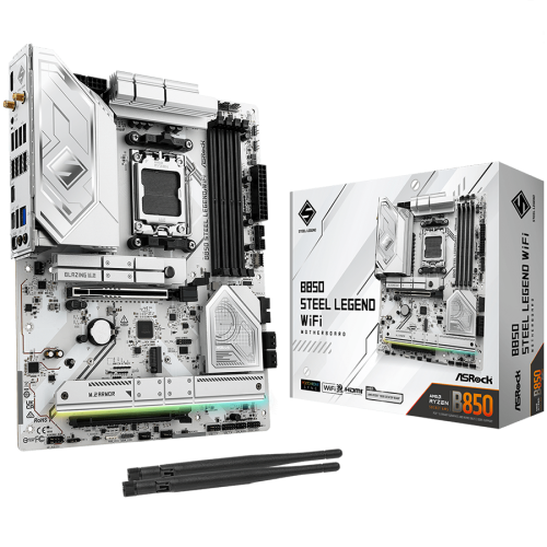 Дънна платка ASROCK B850 STEEL LEGEND WIFI, AM5, 4x DDR5, 1x PCIe 5.0 x16, 4x M.2, 4x SATA3, 1x HDMI, 9x USB 3.2, 3x USB-C, 2.5G LAN, 2x Wi-Fi 7, 1x HDMI, 1x SPDIF, ATX Дънна платка ASROCK B850 STEEL LEGEND WIFI, AM5, 4x DDR5, 1x PCIe 5.0 x16, 4x M.2, 4x SATA3, 1x HDMI, 9x USB 3.2, 3x USB-C, 2.5G LAN, 2x Wi-Fi 7, 1x HDMI, 1x SPDIF, ATX