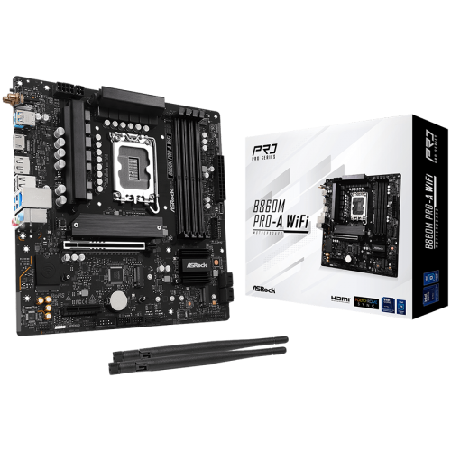ASROCK MB Desktop B860M Pro-A Wi-Fi, S.1851, 4x DDR5, 1x PCIe 5.0 x16, 1x PCIe 4.0 x4, 1x Blazing M.2, 2x Hyper M.2, 4x SATA3, 2x USB-C, 5x USB 3.2, 6x USB 2.0, 1x RJ-45 2.5GB Lan, 802.11axe Wi-Fi 6E, BT 5.3 1x HDMI, 1x DP 1.4, mATX