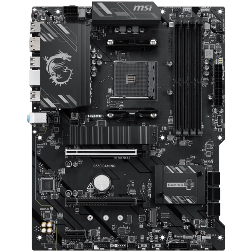 MSI B550 GAMING, ATX, Socket AM4, 4x DDR4 Dual Channel up to 4866+(OC)MHz, 2x PCIe x16 slots, 2x M.2 slots, 2x USB 3.2 Gen 2 (1x Type-C), 2x USB 3.2 Gen 1, 4x USB 2.0, 1x HDMI, 1x DP, 1G LAN, 7.1 HD Audio, 3Y