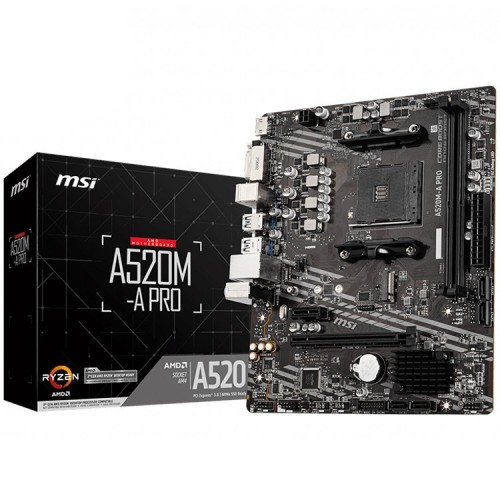 Дънна платка MSI A520M-A PRO (mATX, AM4, 2xDDR4, 1x PCI-E 3.0 x16 slot,1x M.2 slot,4x USB 3.2 Gen1)