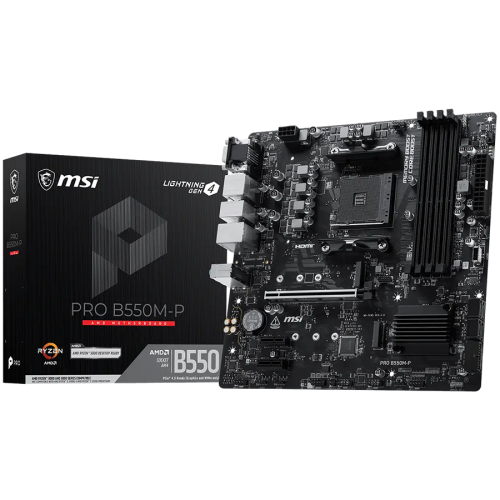 MSI PRO B550M-P, M-ATX, Socket AM4, 4 DIMM, Dual Channel DDR4 up to 4400+(OC)MHz, 1x PCIe 4.0 x16 slot, 2x M.2 slots, 4x USB 3.2 Gen 1, 2x USB 2.0, 1x HDMI,1x DP, 1x VGA, 1G LAN, 7.1 Audio, 3Y