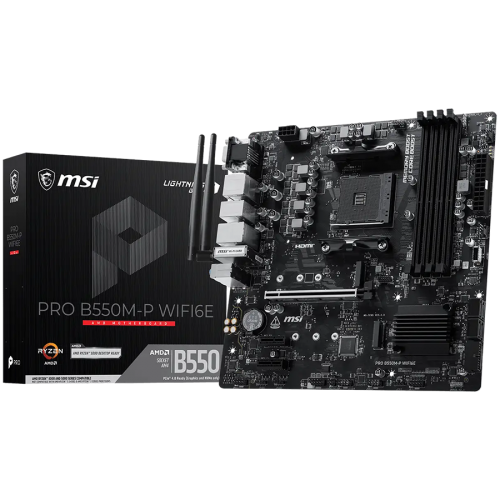 MSI PRO B550M-P WIFI6E, M-ATX, Socket AM4, 4 DIMM, Dual Channel DDR4 up to 4400+(OC)MHz, 1x PCIe 4.0 x16 slot, 2x M.2 slots, 4x USB 3.2 Gen 1, 2x USB 2.0, 1x HDMI,1x DP, 1x VGA, 1G LAN, WIFI6E, 7.1 Audio, 3Y