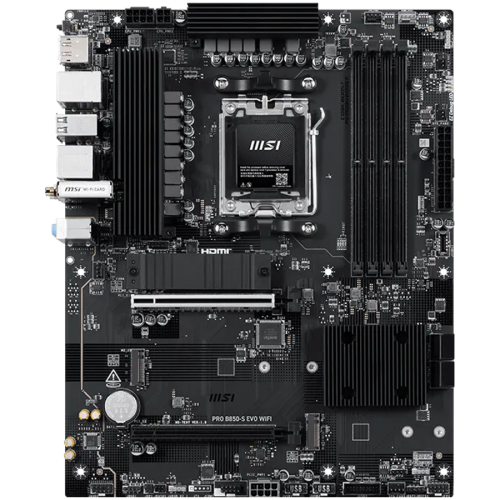 MSI PRO B850-S EVO WIFI, ATX, Socket AM5, 4x DDR5 Dual Channel up to 8200(OC)MHz, 2x PCIe x16 slot, 3x M.2 slot, 4x USB 2.0, 2x USB 5Gbps, 2x USB 10Gbps, 1x USB 10Gbps Type-C, HDMI, DP, 7.1 HD Audio, 5G LAN, WiFI 7, BT, 3Y MSI PRO B850-S EVO WIFI, ATX, Socket AM5, 4x DDR5 Dual Channel up to 8200(OC)MHz, 2x PCIe x16 slot, 3x M.2 slot, 4x USB 2.0, 2x USB 5Gbps, 2x USB 10Gbps, 1x USB 10Gbps Type-C, HDMI, DP, 7.1 HD Audio, 5G LAN, WiFI 7, BT, 3Y