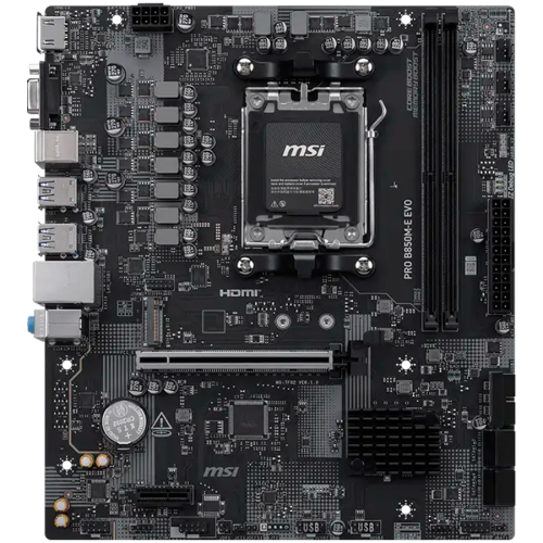 MSI PRO B850M-E EVO, mATX, Socket AM5, 2x DDR5 Dual Channel up to 8200(OC)MHz, 1x PCIe x16 slot, 1x M.2 slot, 4x USB 5Gbps, 2x USB 2.0, HDMI, VGA, 7.1 HD Audio, 2.5G LAN, 3Y MSI PRO B850M-E EVO, mATX, Socket AM5, 2x DDR5 Dual Channel up to 8200(OC)MHz, 1x PCIe x16 slot, 1x M.2 slot, 4x USB 5Gbps, 2x USB 2.0, HDMI, VGA, 7.1 HD Audio, 2.5G LAN, 3Y