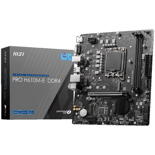 MSI PRO H610M-E, mATX, LGA 1700, Dual Channel DDR5 5600+MHz, 1x PCIe x16 slot, 1x M.2 slot, 1x HDMI, 1x VGA, 2x USB 3.2 Gen 1, 4x USB 2.0, 7.1 HD Audio, Realtek ALC897 Codec, 3Y MSI PRO H610M-E, mATX, LGA 1700, Dual Channel DDR5 5600+MHz, 1x PCIe x16 slot, 1x M.2 slot, 1x HDMI, 1x VGA, 2x USB 3.2 Gen 1, 4x USB 2.0, 7.1 HD Audio, Realtek ALC897 Codec, 3Y
