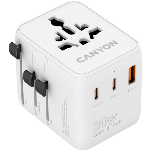 Адаптер CANYON Travel Adapter OnTour 20 EU/UK/US/AUS 20W White Адаптер CANYON Travel Adapter OnTour 20 EU/UK/US/AUS 20W White