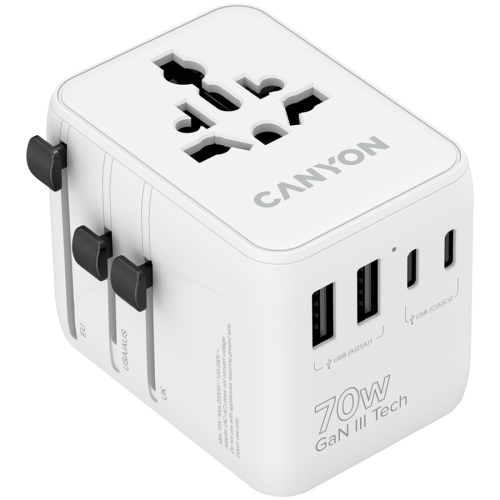 Адаптер CANYON Travel Adapter OnTour 70 EU/UK/US/AUS 70W White Адаптер CANYON Travel Adapter OnTour 70 EU/UK/US/AUS 70W White