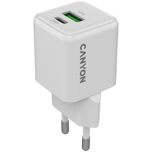 Зарядно CANYON charger CU20AC GaN 20W 1xPD 1xQC EU White
