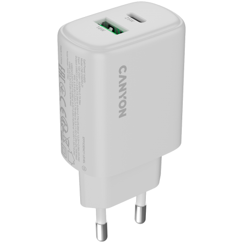 Зарядно за телефон CANYON charger OnCharge 250 25W 1xPD 1xQC EU White Зарядно за телефон CANYON charger OnCharge 250 25W 1xPD 1xQC EU White