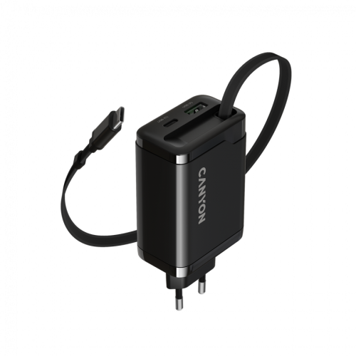 Зарядно CANYON charger OnCharge 65RC Build-In Cable USB-C 65W 1xPD 1xQC EU Black