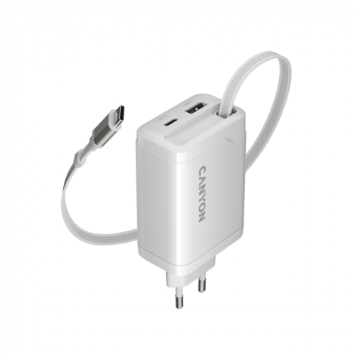 Зарядно CANYON charger OnCharge 65RC Build-In Cable USB-C 65W 1xPD 1xQC EU White Зарядно CANYON charger OnCharge 65RC Build-In Cable USB-C 65W 1xPD 1xQC EU White