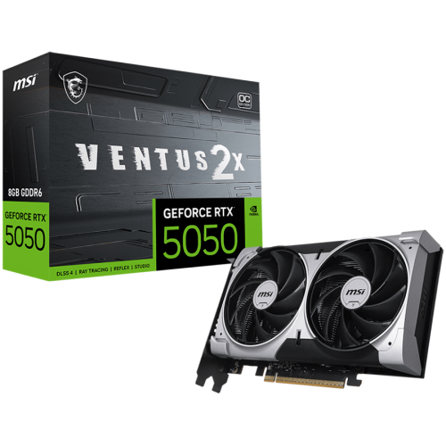 MSI Video Card NVIDIA GeForce RTX 5050 8G VENTUS 2X OC, 8GB GDDR6, 128-bit, 2602 MHz Boost, 2560 CUDA Cores, PCIe 5.0 (x8), 3x DP 2.1b, HDMI 2.1b, RAY TRACING, Dual Fan, 130W TDP, 8-pin PCIe Power, G-SYNC, 2-Slot, 3Y MSI Video Card NVIDIA GeForce RTX 5050 8G VENTUS 2X OC, 8GB GDDR6, 128-bit, 2602 MHz Boost, 2560 CUDA Cores, PCIe 5.0 (x8), 3x DP 2.1b, HDMI 2.1b, RAY TRACING, Dual Fan, 130W TDP, 8-pin PCIe Power, G-SYNC, 2-Slot, 3Y