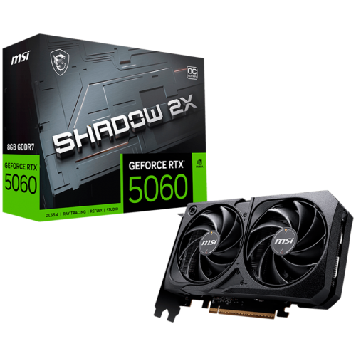 MSI Video Card NVIDIA GeForce RTX 5060 8G SHADOW 2X OC, 8GB GDDR7, 128-bit, 2535 MHz Boost, 3840 CUDA Cores, PCIe 5.0 (x8), 3x DP 2.1b, HDMI 2.1b, RAY TRACING, Dual Fan, 145W TDP, 8-pin PCIe Power, G-SYNC, 2-Slot, 3Y MSI Video Card NVIDIA GeForce RTX 5060 8G SHADOW 2X OC, 8GB GDDR7, 128-bit, 2535 MHz Boost, 3840 CUDA Cores, PCIe 5.0 (x8), 3x DP 2.1b, HDMI 2.1b, RAY TRACING, Dual Fan, 145W TDP, 8-pin PCIe Power, G-SYNC, 2-Slot, 3Y