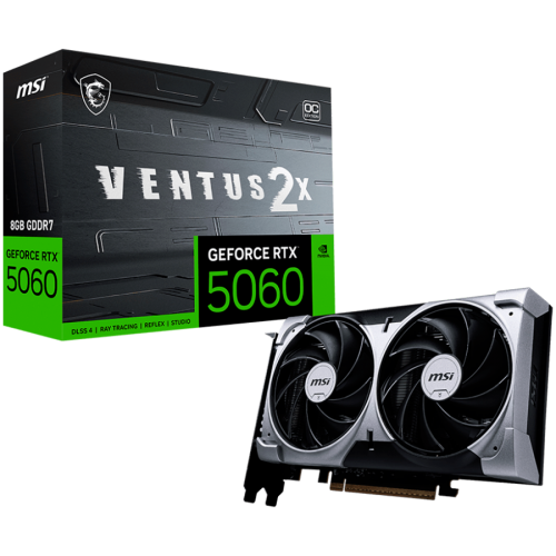 Видео карта MSI NVIDIA GeForce RTX 5060 8G VENTUS 2X OC, 8GB GDDR7, 128-bit, 2535 MHz Boost, 3840 CUDA Cores, PCIe 5.0 (x8), 3x DP 2.1b, HDMI 2.1b, RAY TRACING, Dual Fan, 145W TDP, 8-pin PCIe Power, G-SYNC