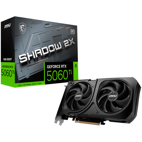 Видео карта MSI NVIDIA GeForce RTX 5060 Ti 8G SHADOW 2X OC PLUS, 8GB GDDR7, 128-bit, 2617 MHz Boost, 4608 CUDA Cores, PCIe 5.0 (x8), 3x DP 2.1b, HDMI 2.1b, RAY TRACING, Dual Fan, 180W TDP, 8-pin PCIe Power, G-SYNC Видео карта MSI NVIDIA GeForce RTX 5060 Ti 8G SHADOW 2X OC PLUS, 8GB GDDR7, 128-bit, 2617 MHz Boost, 4608 CUDA Cores, PCIe 5.0 (x8), 3x DP 2.1b, HDMI 2.1b, RAY TRACING, Dual Fan, 180W TDP, 8-pin PCIe Power, G-SYNC