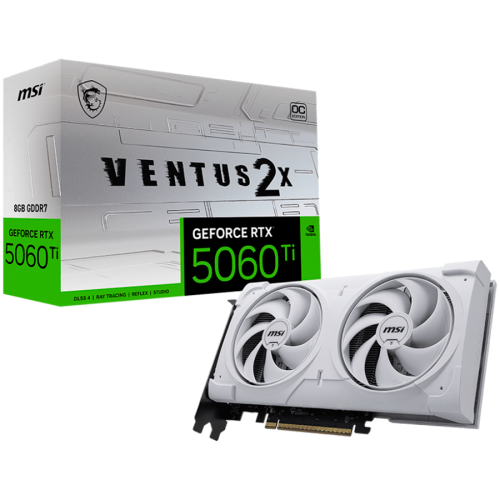 MSI Video Card NVIDIA GeForce RTX 5060 Ti 8G VENTUS 2X OC WHITE PLUS, 8GB GDDR7, 128-bit, 2617 MHz Boost, 4608 CUDA Cores, PCIe 5.0 (x8), 3x DP 2.1b, HDMI 2.1b, RAY TRACING, Dual Fan, 180W TDP, 8-pin PCIe Power, G-SYNC, 2-Slot, 3Y MSI Video Card NVIDIA GeForce RTX 5060 Ti 8G VENTUS 2X OC WHITE PLUS, 8GB GDDR7, 128-bit, 2617 MHz Boost, 4608 CUDA Cores, PCIe 5.0 (x8), 3x DP 2.1b, HDMI 2.1b, RAY TRACING, Dual Fan, 180W TDP, 8-pin PCIe Power, G-SYNC, 2-Slot, 3Y