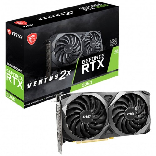 MSI Video Card Nvidia GeForce RTX 3060 VENTUS 2X 12G OC, 12GB GDDR6, 192-bit, 360 GB/s, 15 Gbps Effective Memory Clock, 1807 MHz Boost, 3584 CUDA Cores, PCIe 4.0, 3x DisplayPort 1.4a, HDMI 2.1, RAY TRACING, Dual Fan, 550W Recommended PSU, Metal Backplate, MSI Video Card Nvidia GeForce RTX 3060 VENTUS 2X 12G OC, 12GB GDDR6, 192-bit, 360 GB/s, 15 Gbps Effective Memory Clock, 1807 MHz Boost, 3584 CUDA Cores, PCIe 4.0, 3x DisplayPort 1.4a, HDMI 2.1, RAY TRACING, Dual Fan, 550W Recommended PSU, Metal Backplate,