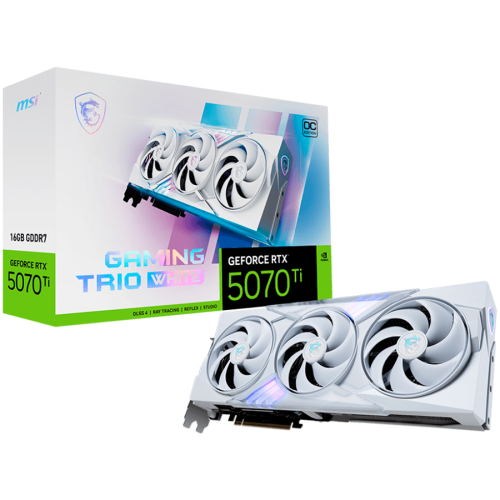 Видео карта MSI RTX 5070 TI 16G GAMING TRIO OC WHITE, 16GB GDDR7, 256bit, Effective Memory Clock: 28000MHz, Boost: 2580 MHz, 8960 CUDA Cores, PCIe 5.0, 3x DP 2.1b, HDMI 2.1b, Triple Fan, 1x16pin, 750W Recommended PSU