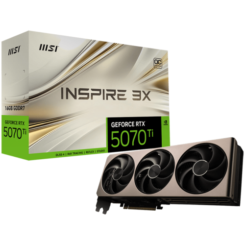 MSI Video Card Nvidia GeForce RTX 5070 TI 16G INSPIRE 3X OC, 16GB GDDR7, 256bit, Effective Memory Clock: 28000MHz, Boost: 2482 MHz, 8960 CUDA Cores, PCIe 5.0, 3x DP 2.1b, HDMI 2.1b, Triple Fan, 1x16pin, 750W Recommended PSU, 3Y MSI Video Card Nvidia GeForce RTX 5070 TI 16G INSPIRE 3X OC, 16GB GDDR7, 256bit, Effective Memory Clock: 28000MHz, Boost: 2482 MHz, 8960 CUDA Cores, PCIe 5.0, 3x DP 2.1b, HDMI 2.1b, Triple Fan, 1x16pin, 750W Recommended PSU, 3Y