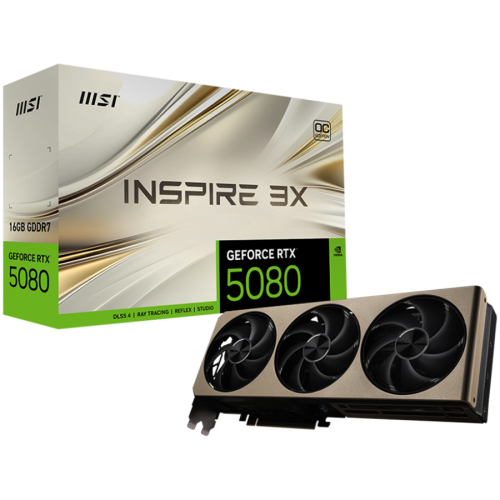 MSI Video Card Nvidia GeForce RTX 5080 16G INSPIRE 3X OC, 16GB GDDR7, 256bit, Effective Memory Clock: 30000MHz, Boost: 2640 MHz, 10752 CUDA Cores, PCIe 5.0, 3x DP 2.1b, HDMI 2.1b, RAY TRACING, Triple Fan, 1x16pin, 850W Recommended PSU, 3Y MSI Video Card Nvidia GeForce RTX 5080 16G INSPIRE 3X OC, 16GB GDDR7, 256bit, Effective Memory Clock: 30000MHz, Boost: 2640 MHz, 10752 CUDA Cores, PCIe 5.0, 3x DP 2.1b, HDMI 2.1b, RAY TRACING, Triple Fan, 1x16pin, 850W Recommended PSU, 3Y