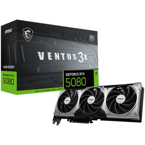 MSI Video Card Nvidia GeForce RTX 5080 16G VENTUS 3X OC, 16GB GDDR7, 256bit, Effective Memory Clock: 30000MHz, Boost: 2640 MHz, 10752 CUDA Cores, PCIe 5.0, 3x DP 2.1b, HDMI 2.1b, RAY TRACING, Triple Fan, 1x16pin, 850W Recommended PSU, 3Y MSI Video Card Nvidia GeForce RTX 5080 16G VENTUS 3X OC, 16GB GDDR7, 256bit, Effective Memory Clock: 30000MHz, Boost: 2640 MHz, 10752 CUDA Cores, PCIe 5.0, 3x DP 2.1b, HDMI 2.1b, RAY TRACING, Triple Fan, 1x16pin, 850W Recommended PSU, 3Y