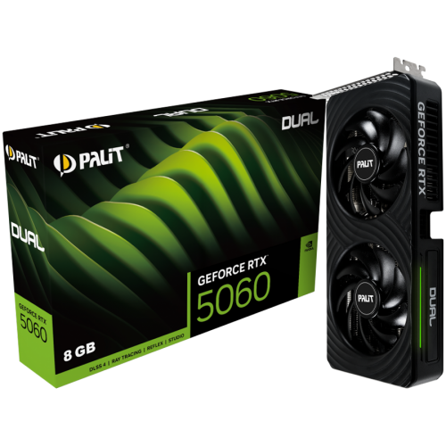 Видео карта PALIT GeForce RTX 5060 Dual 8GB GDDR7 128 bit, 1x HDMI 2.1b, 3x DP 2.1b, 2 Fan, 1x 8-pin pwr connector, 550W, 262.1 x 126.3 x 40.1 mm, NE75060019P1-GB2063D Видео карта PALIT GeForce RTX 5060 Dual 8GB GDDR7 128 bit, 1x HDMI 2.1b, 3x DP 2.1b, 2 Fan, 1x 8-pin pwr connector, 550W, 262.1 x 126.3 x 40.1 mm, NE75060019P1-GB2063D