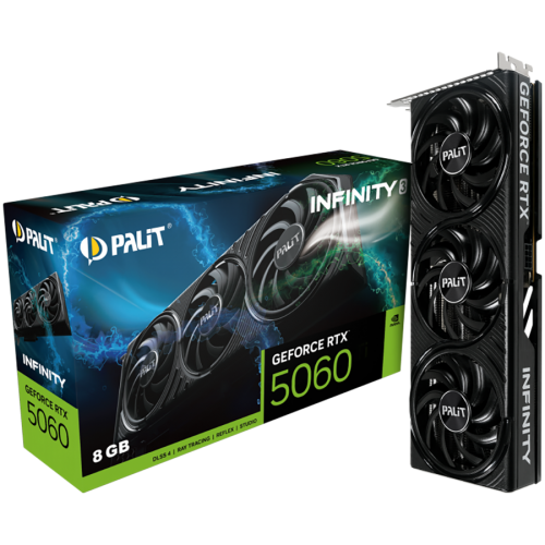 Видео Карта PALIT GeForce RTX 5060 Infinity 3 8GB GDDR7 128 bit, 1x HDMI 2.1b, 3x DP 2.1b, 2 Fan, 1x 8-pin pwr connector, 550W, 291.9 x 116.6 x 41.3 mm, NE75060019P1-GB2063S Видео Карта PALIT GeForce RTX 5060 Infinity 3 8GB GDDR7 128 bit, 1x HDMI 2.1b, 3x DP 2.1b, 2 Fan, 1x 8-pin pwr connector, 550W, 291.9 x 116.6 x 41.3 mm, NE75060019P1-GB2063S