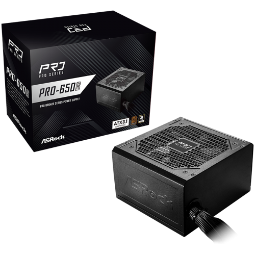 Захранване Asrock PRO-650B, 650W, 80 Plus BRONZE, Non Modular PSU, 1x EPS 12V CPU(4+4pin), 2x PCIe (6+2pin), 3Y warranty Захранване Asrock PRO-650B, 650W, 80 Plus BRONZE, Non Modular PSU, 1x EPS 12V CPU(4+4pin), 2x PCIe (6+2pin), 3Y warranty