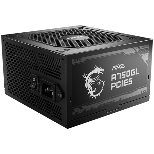MSI MAG A750GL PCIE5, 750W, 80 Plus Gold, ATX Form Factor, 100~240 Vac Input Voltage, 47Hz ~ 63Hz Input Frequency, 120 mm Fan, 140 x 150 x 86mm, Active PFC, OCP, OVP, OPP, OTP, SCP, UVP, ATX, 2xEPS, 4XPCi-E, 8xSATA, 4xMOLEX, 1xFDD