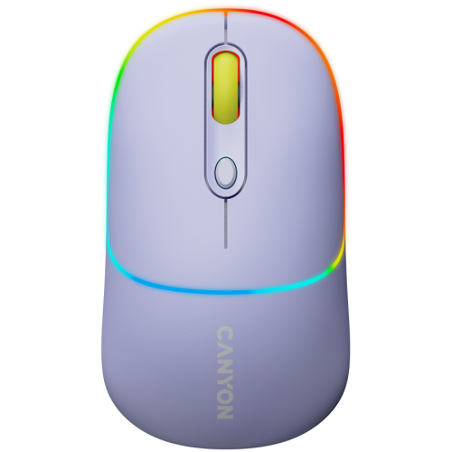 CANYON MW-22, 2 in 1 Wireless optical mouse with 4 buttons, DPI 800/1200/1600, 2 mode(BT/ 2.4GHz), 650mAh Li-poly battery, RGB backlight, Mountain lavender, cable length 0.8m, 110*62*34.2mm, 0.085kg