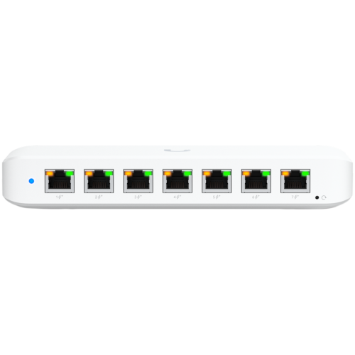 Ubiquiti USW-Ultra-210W-EU compact, Layer 2, 8-port GbE PoE switch with versatile mounting options, 7x GbE PoE+ output ports, GbE port with optional PoE++ input, 202W PoE availability with the included AC power adapter