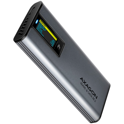 Кутия за диск AXAGON EEM2-SD2 USB-C 3.2 Gen 2 - M.2 NVMe / SATA SSD 30-80mm ALU box grey, LCD display Кутия за диск AXAGON EEM2-SD2 USB-C 3.2 Gen 2 - M.2 NVMe / SATA SSD 30-80mm ALU box grey, LCD display