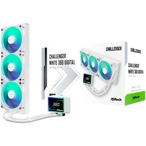 Водно охлаждане Asrock Challenger White 360 Digital, AiO liquid cooler, ARGB, Digital display, 360 mm radiator, 90-ACLA36-WAAGA6, White