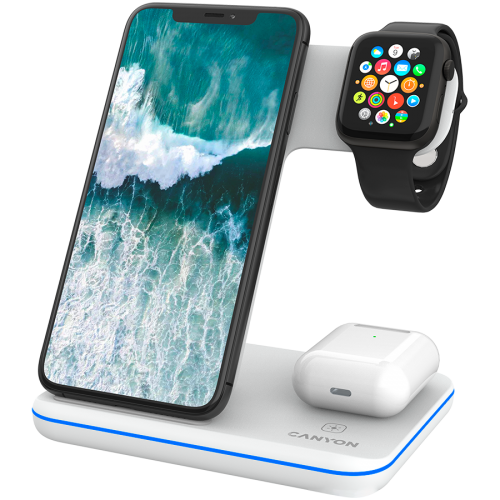 Стойка за безжично зареждане CANYON wireless charger WS-303 15W 3in1 White