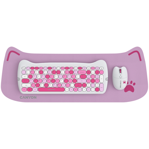 Комплект CANYON HSET-W6 EN Keyboard+Mouse Kitty Edition AAA+АА Wireless Pink