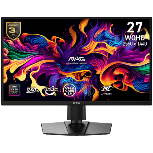 MSI MAG 272QP QD-OLED X24 Gaming Monitor, 26.5" 240Hz, WQHD (2560x1440) 16:9, QD-OLED Anti-Reflection, 0.03ms, 200nits, 1500000:1, 178/178, G-SYNC Compatible, AMD FreeSync Premium, HDR Ready, Adjustable Stand, 1x DP, 2x HDMI, 1x Type-C, 3Y