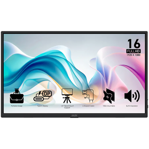 MSI PRO MP165 E6 Professional Business Portable Monitor, 15.6" 60Hz, FHD (1920x1080) 16:9, IPS Anti-glare, 4ms, 250nits, 1000:1, 178/178, Tilt, Speakers, 2x Type-C, 1x HDMI, 3Y Warranty
