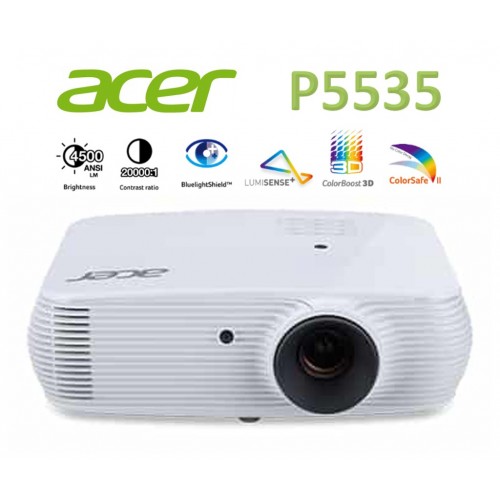 Мултимедиен проектор ACER P5535 projector DLP FHD 1920x1080 16:9 4500 ANSI Lumen 20.000:1 31DB 2xHDMI DVI 2xVGA RCA RJ45 USB A, MR.JUM11.001, Бял