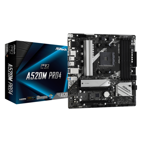 Дънна платка ASROCK A520M PRO4/AM4, 4xDDR4 4xSATA3 RAID HDMI DP VGA 2xM2 GLAN 2xPCIEx16