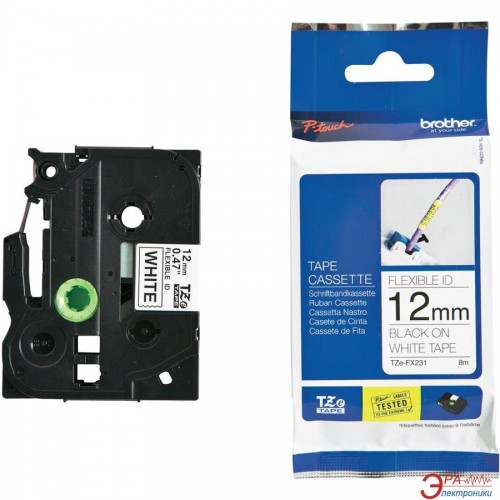 TZ Tape BROTHER 12mm Black on White, Flexible, 8m lenght, for P-Touch
