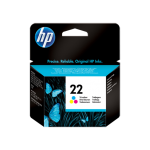 Консуматив HP 22 Standard Original Ink Cartridge; Tri-Color;  Page Yield 165; HP DeskJet F370; F375; F380;  F390;  D1360; D1460; D1470; F2180; F2187; D2330; D2360; D2430; D2460; 3920; 3940; F4140; F4172; F4180; F4190; HP PSC 1402; 1410; 1415; 1417