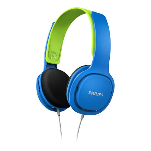 Philips Детски слушалки, подсилен дизайн, меки наушници, ултра лека лента за глава, цвят: син/зелен Philips Детски слушалки, подсилен дизайн, меки наушници, ултра лека лента за глава, цвят: син/зелен
