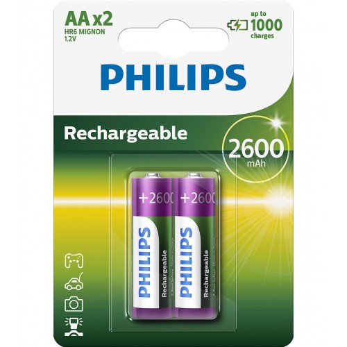 Philips Rechargeable презареждаща батерия HR6 AA, 2600 mAh, 2-blister Philips Rechargeable презареждаща батерия HR6 AA, 2600 mAh, 2-blister