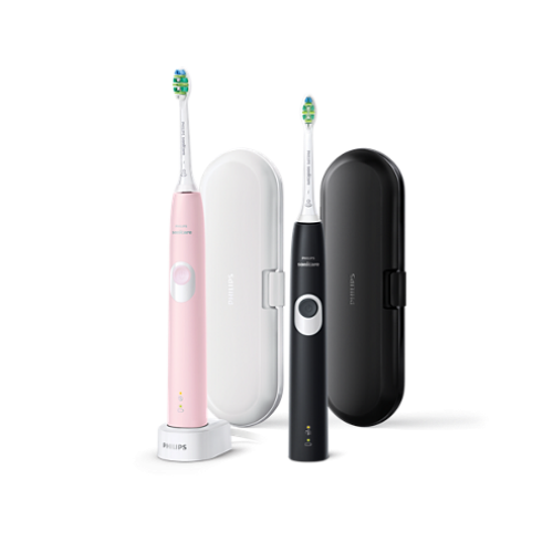 Philips Четки за зъби с акумулаторна батерия ProtectiveClean 4500 - 2бр, Вграден сензор за натиск, 1 режима на чистене, функция BrushSync, 2бр калъф за пътуване, черен/розов Philips Четки за зъби с акумулаторна батерия ProtectiveClean 4500 - 2бр, Вграден сензор за натиск, 1 режима на чистене, функция BrushSync, 2бр калъф за пътуване, черен/розов